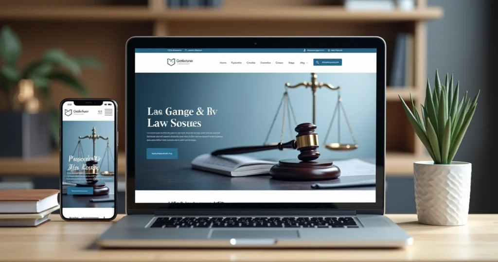 Criação de sites para advogados, design responsivo em dispositivos móveis e desktop.