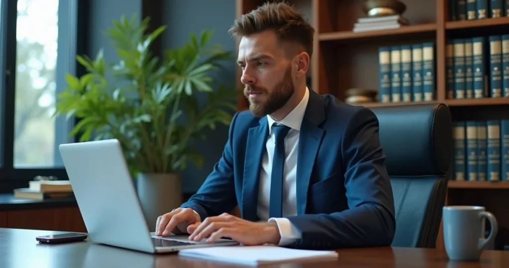 Advogado em um escritório moderno com livros jurídicos, laptop e luz natural entrando pela janela.