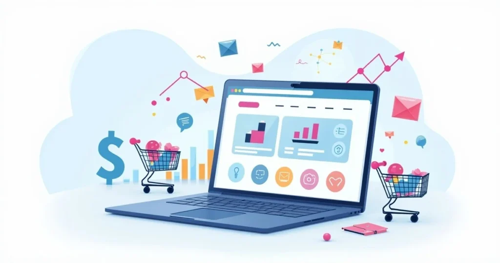 Ilustração de um site de e-commerce moderno exibido em um laptop, simbolizando sucesso em vendas online.