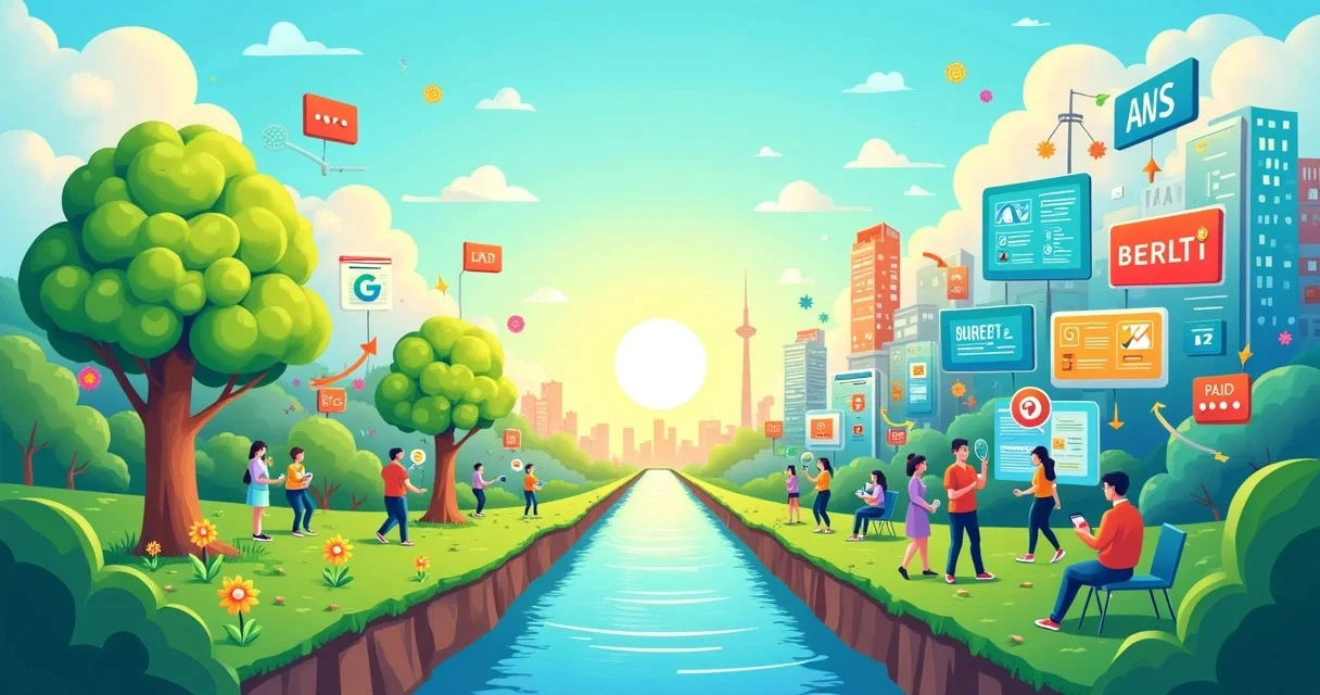 Ilustração mostrando a diferença entre tráfego orgânico e pago com paisagens contrastantes.
