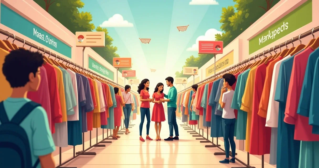 Cena de mercado com clientes diversos olhando roupas da moda, com exibições brilhantes e serviço amigável.
