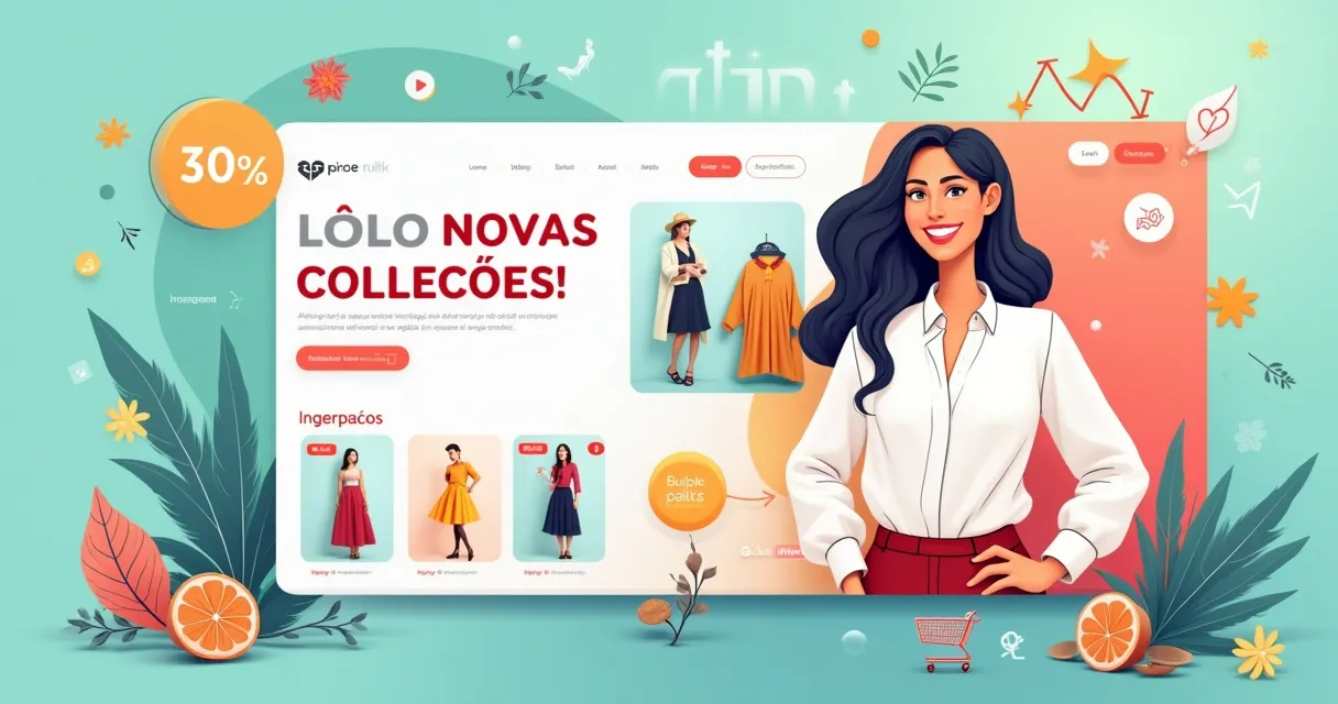 Exibição de uma landing page vibrante para loja de moda, com produtos e depoimentos de clientes.