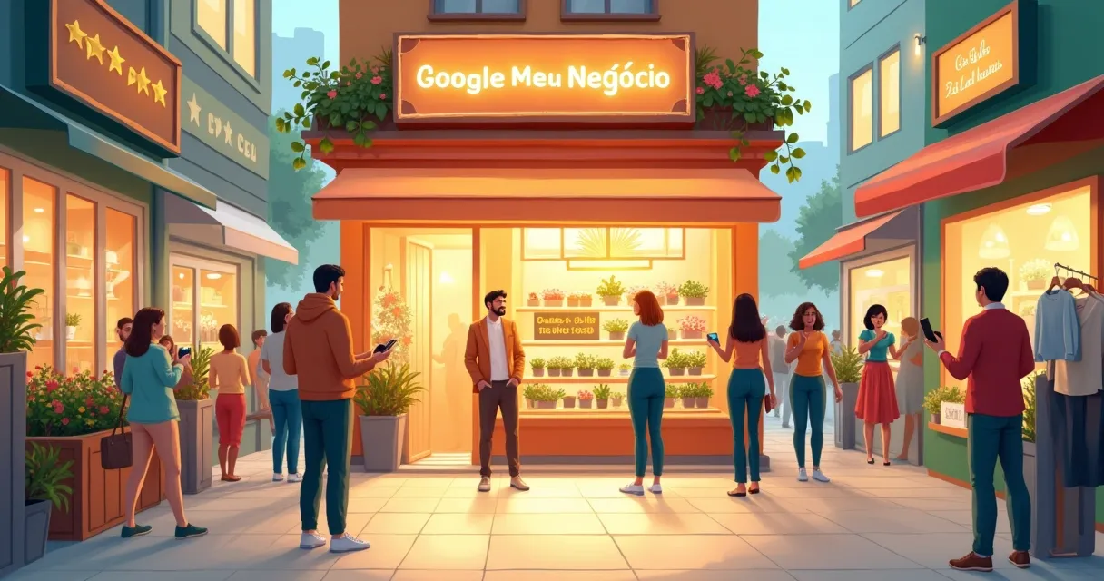 Loja do Google Meu Negócio no centro de um mercado animado com várias pequenas empresas.