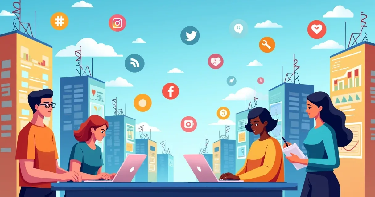 Pessoas interagindo com marketing digital em uma cidade vibrante, com elementos de redes sociais ao fundo.