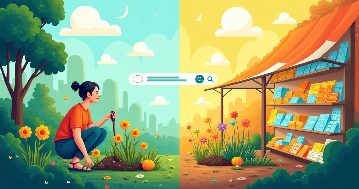Ilustração que contrasta o tráfego orgânico representado por jardinagem e o tráfego pago em um mercado digital.