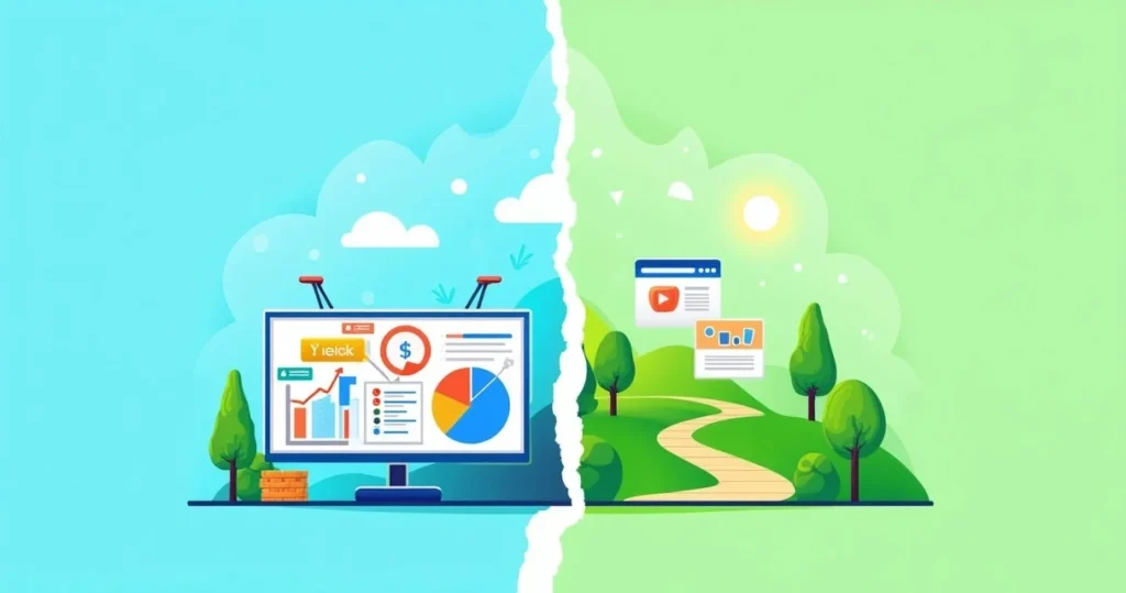 Ilustração que contrasta o tráfego pago e orgânico, com elementos como anúncios digitais e natureza representando SEO.