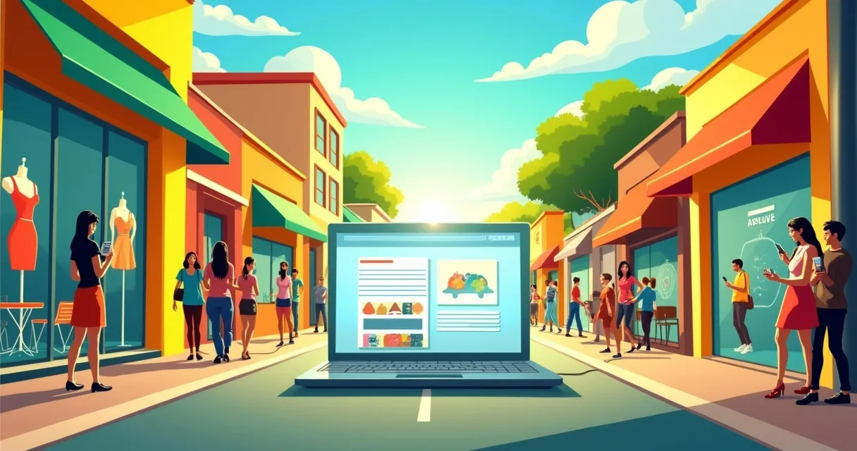 Rua animada no Tatuapé com laptop mostrando um site, lojas coloridas e pessoas interagindo online.