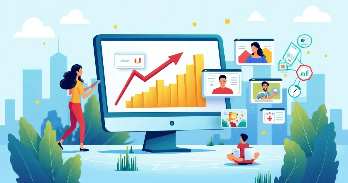 Ilustração de um marketing digital mostrando um gráfico de tráfego pago em um computador com anúncios e ícones de métricas.