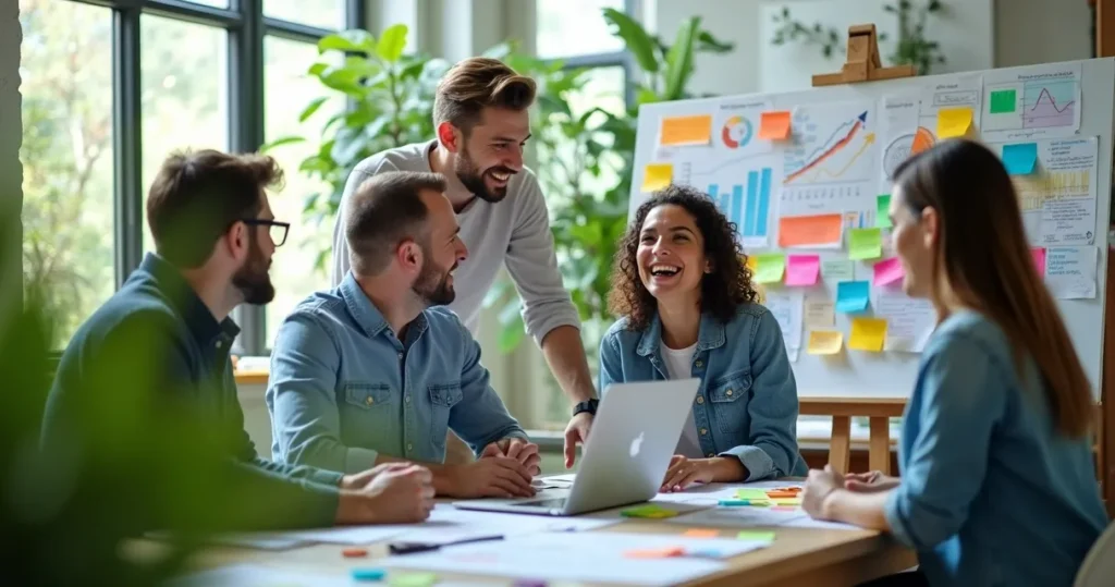 Grupo diversificado discutindo novas estratégias de negócios em uma sala de reuniões iluminada.