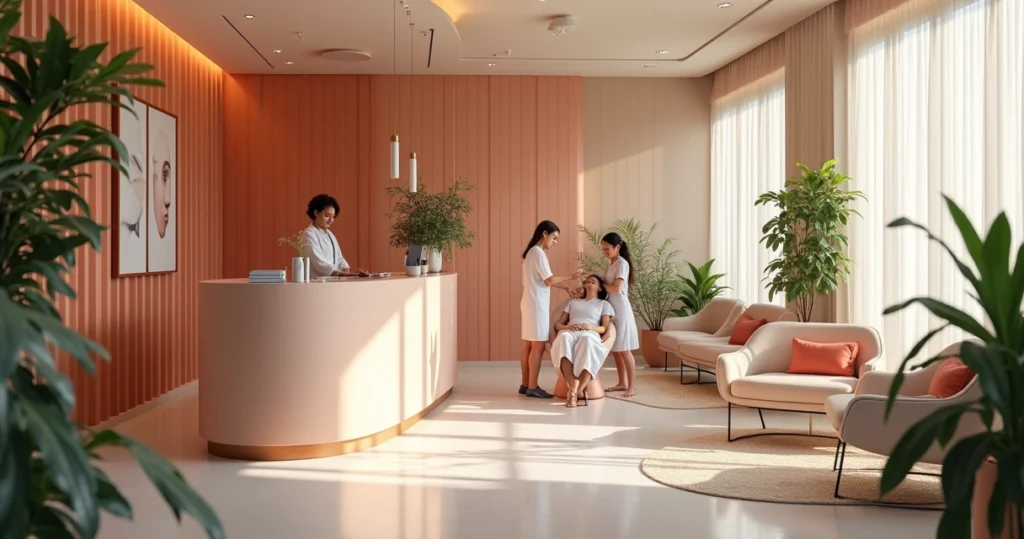 Clínica de estética moderna com recepção elegante, esteticista e cliente recebendo tratamento facial.