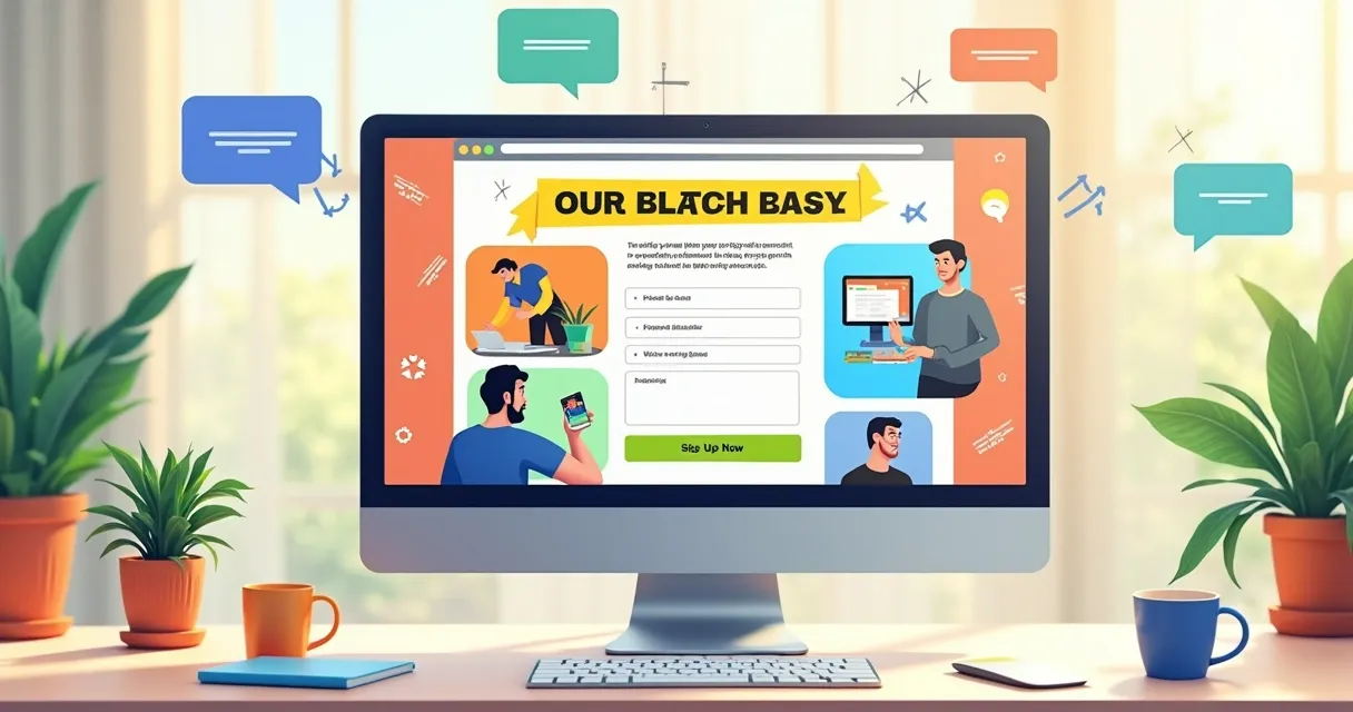 Design de landing page em uma tela de computador com título atraente, imagens de produtos e formulário de contato simples em um ambiente de trabalho bem iluminado.