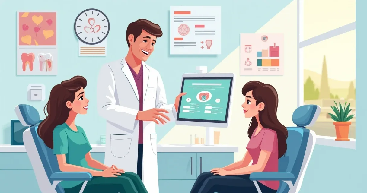 Consulta em consultório odontológico com dentista explicando serviços a paciente em tablet.