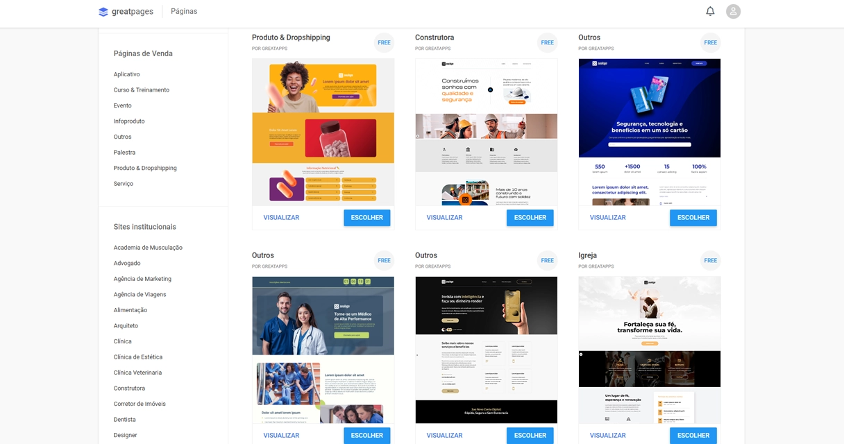 Galeria de templates da Greatpages organizada por segmento de negócio