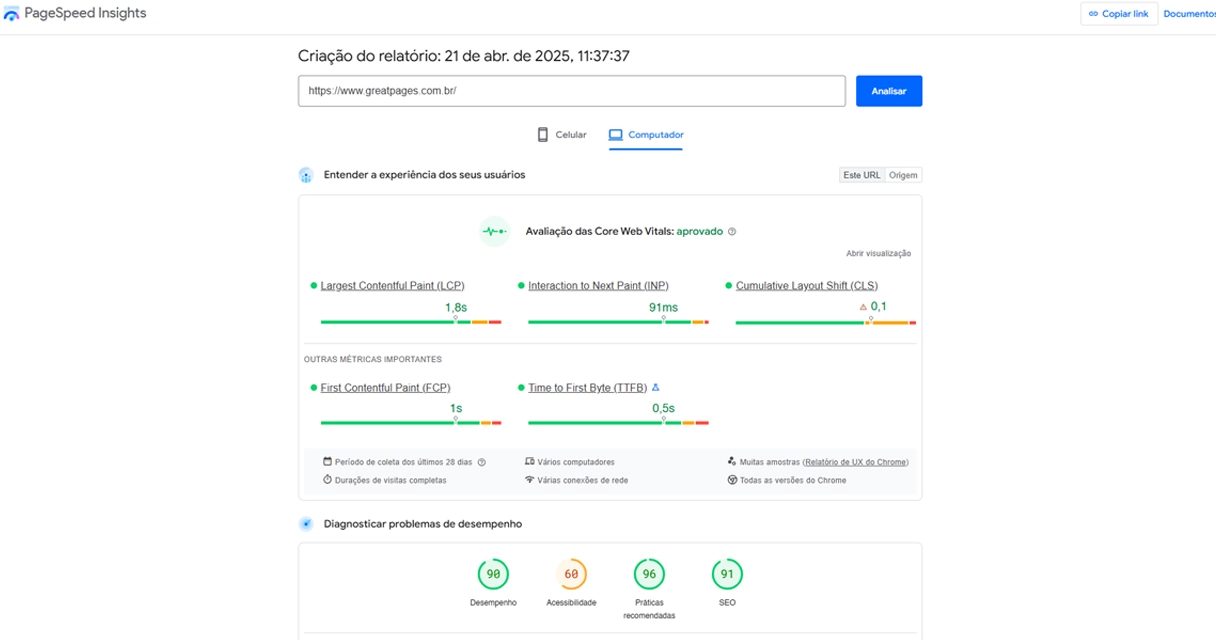 Relatório do PageSpeed Insights com nota alta de desempenho de um construtor de landing page