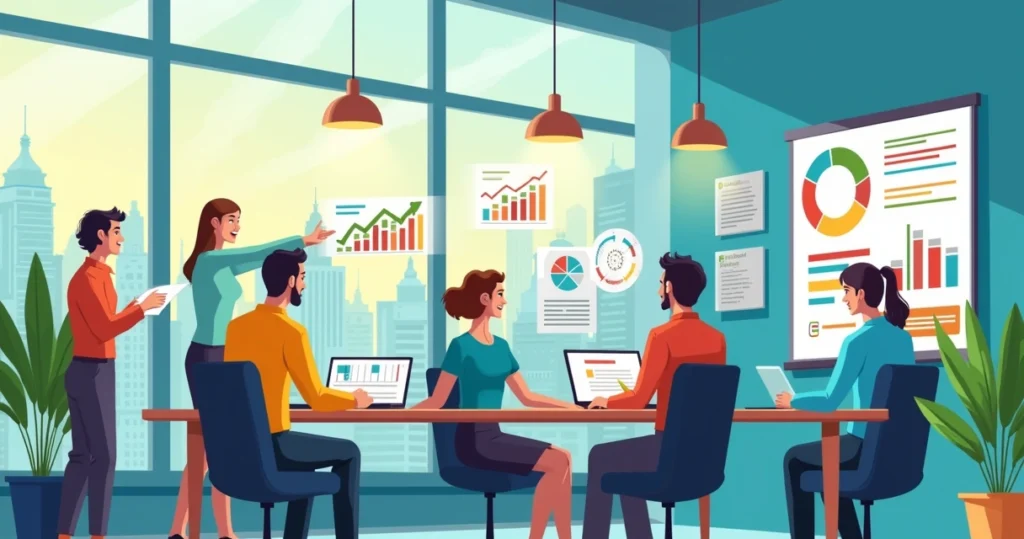 Profissionais em um escritório analisando dados e gráficos de SEO, ambiente vibrante e produtivo.