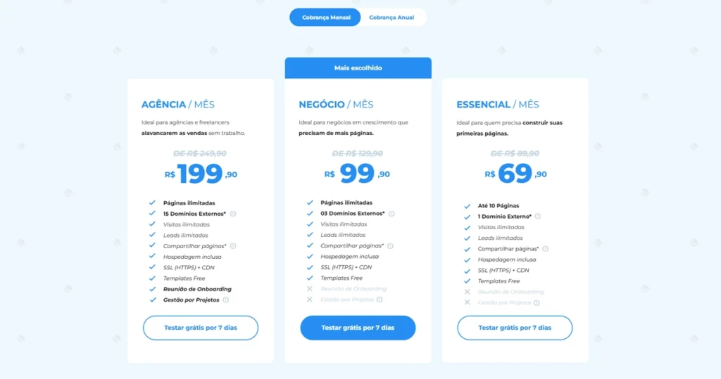 Tabela com os diferentes planos disponíveis da GreatPages, incluindo funcionalidades e valores para cada opção.