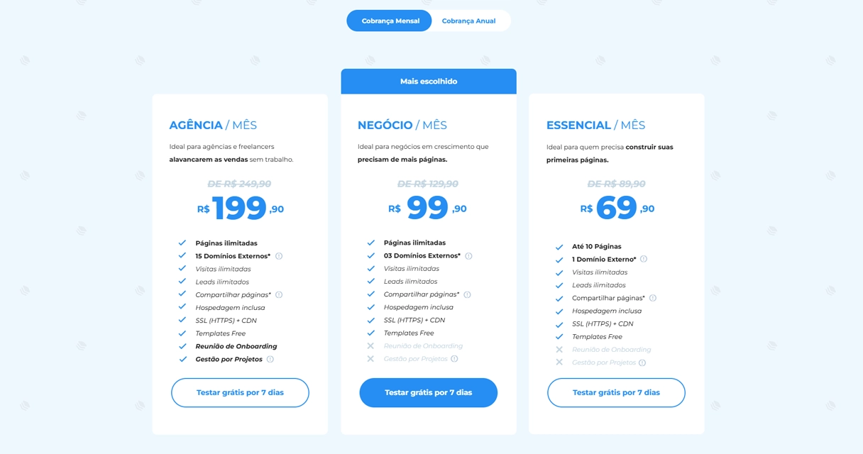 Comparativo dos planos Essencial, Negócio e Agência para criar landing page