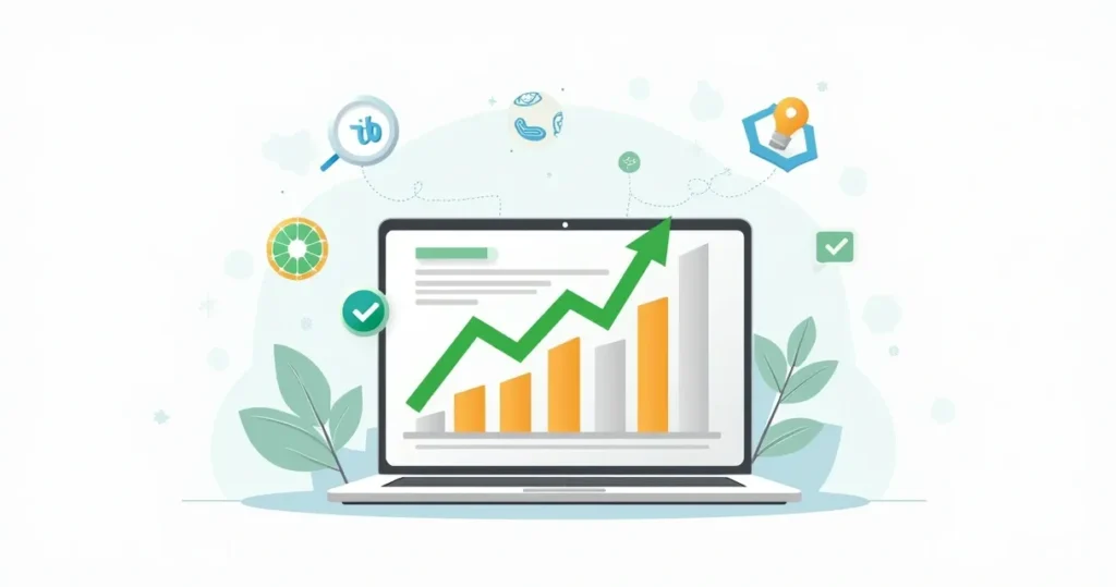 Ilustração de otimização de SEO com laptop, gráfico de crescimento e ícones de redes sociais.