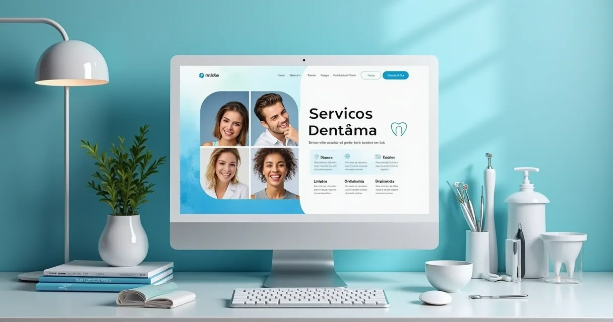 Site atraente para dentistas, com design limpo e informações claras sobre serviços, em um ambiente acolhedor.