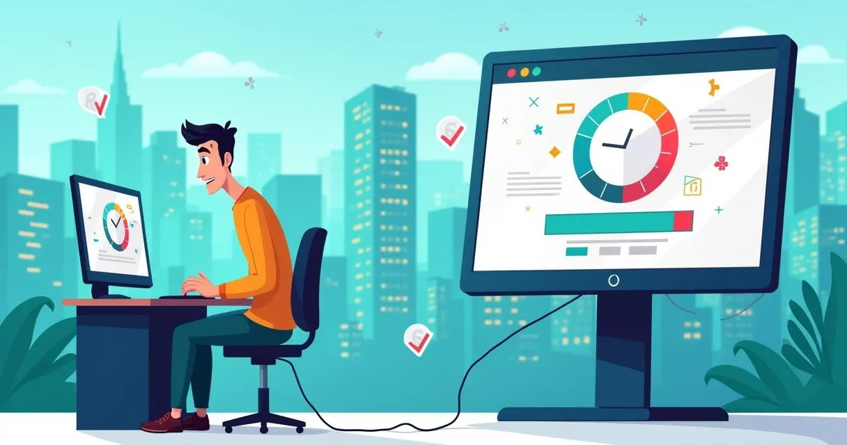 Ilustração de um site moderno carregando rapidamente com um usuário frustrado ao fundo.