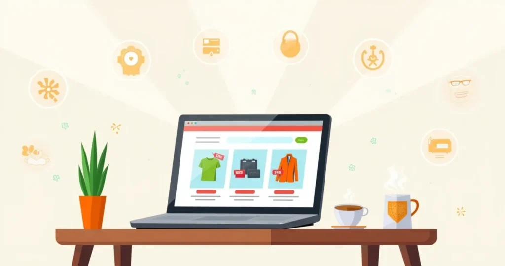 Interface de um site de e-commerce exibido em um laptop com produtos e ícones adjacentes.