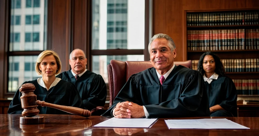Equipe de juízes e advogados reunidos em ambiente jurídico representando autoridade de um escritório de advocacia.