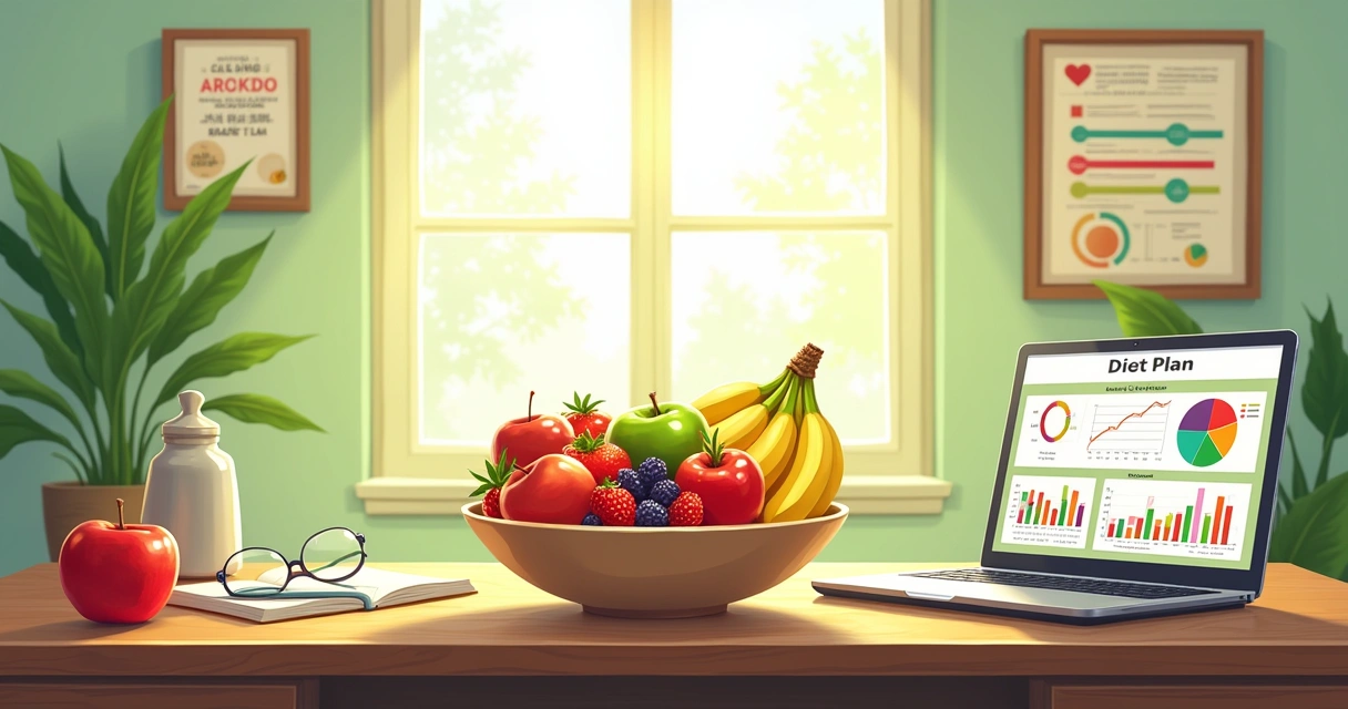 Mesa de consultório com frutas e notebook aberto, cenário de um site para nutricionista com plano alimentar Mesa de consultório com frutas e notebook aberto, cenário de um site para nutricionista com plano alimentar
