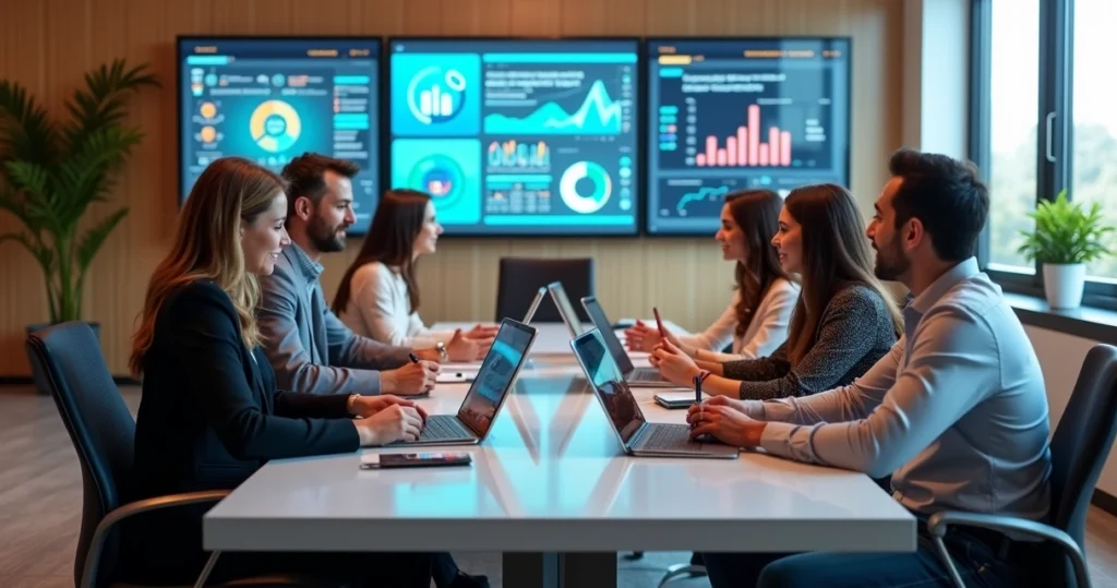 Ambiente moderno de escritório com equipe diversa discutindo estratégias de marketing digital em telas e dispositivos