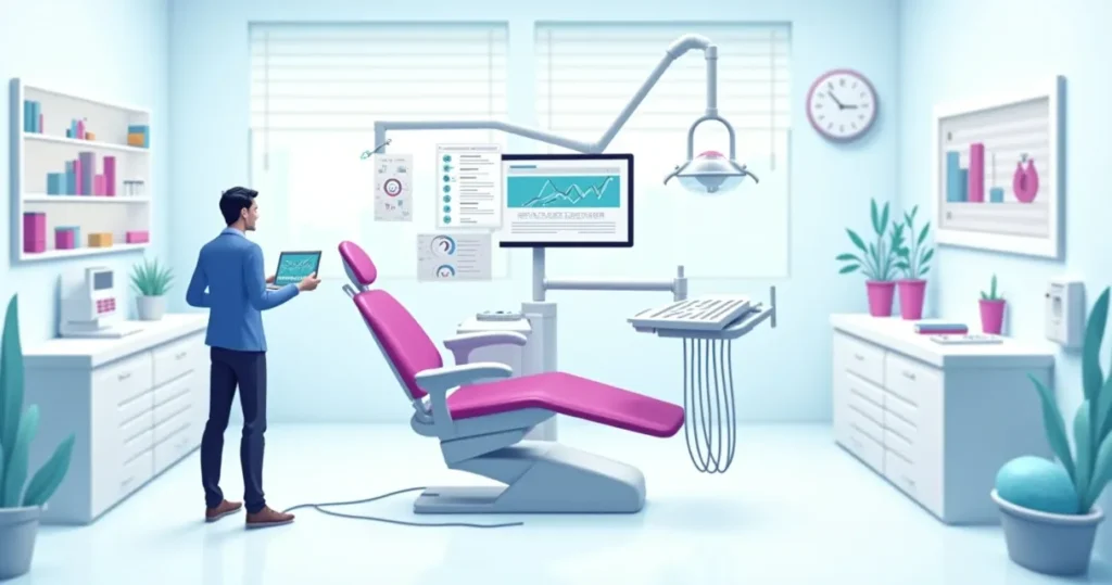 Consultório moderno com dentista analisando dados, representando estratégias de marketing odontológico eficazes.