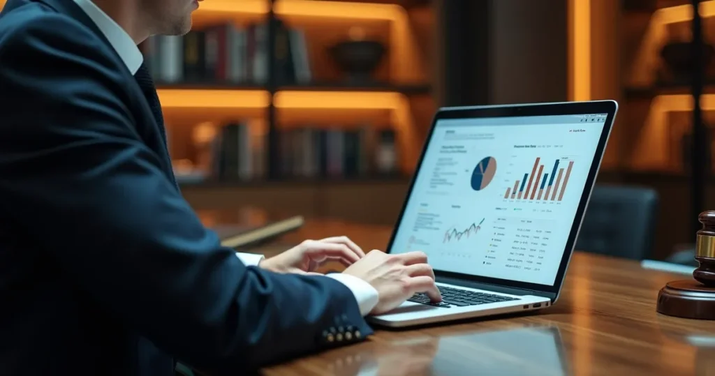 SEO para advogados: advogado em escritório moderno trabalhando no notebook com gráficos de desempenho na tela.