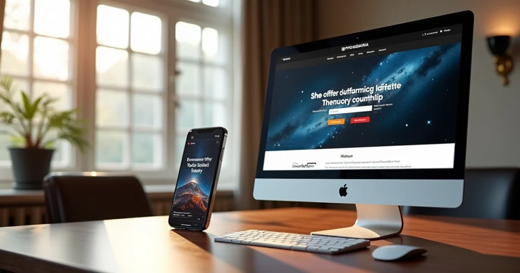 Computador moderno mostrando site profissional ao lado de tela de celular com rede social aberta, ambiente de escritório luxuoso, iluminação natural suave
