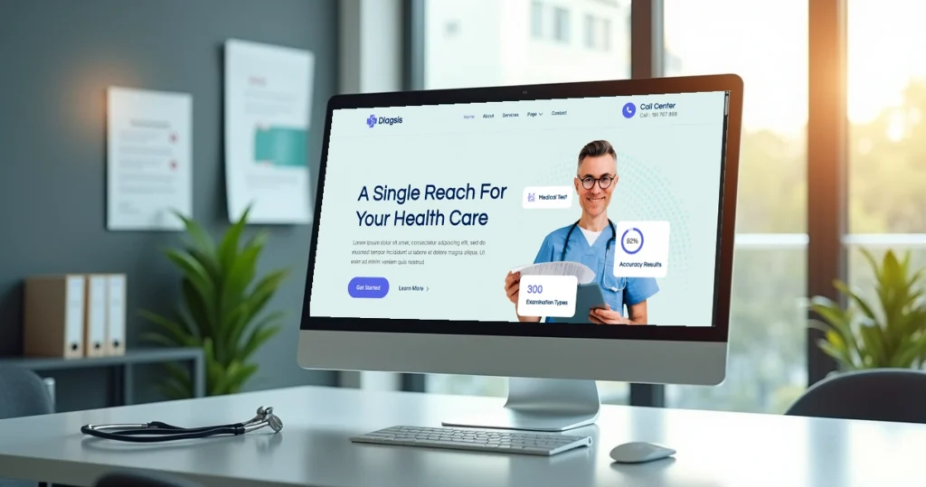 Desenvolvimento de web sites para médicos exibido em monitor com layout moderno de clínica, destacando profissionalismo e agendamento online.