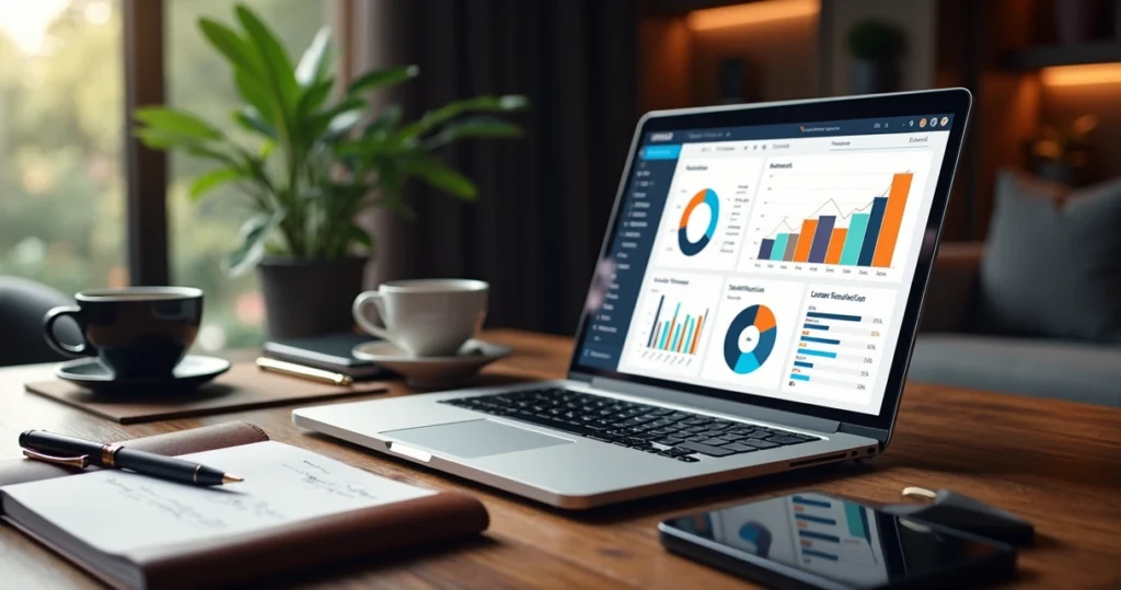 Mesa de trabalho sofisticada com laptop aberto exibindo uma landing page em desenvolvimento, gráficos coloridos e anotações ao redor
