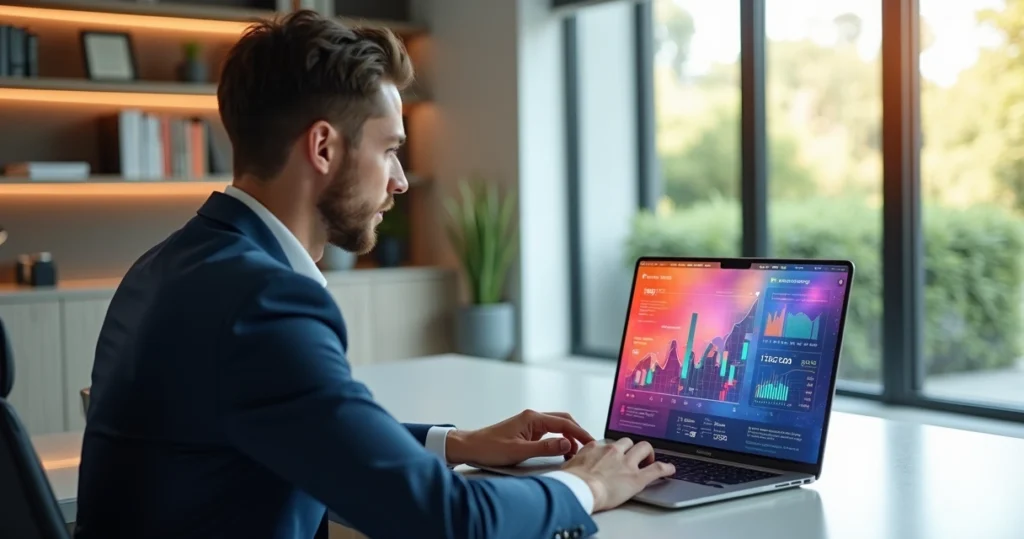 Pequeno empresário em escritório moderno com laptop aberto mostrando site empresarial e gráficos de crescimento no monitor