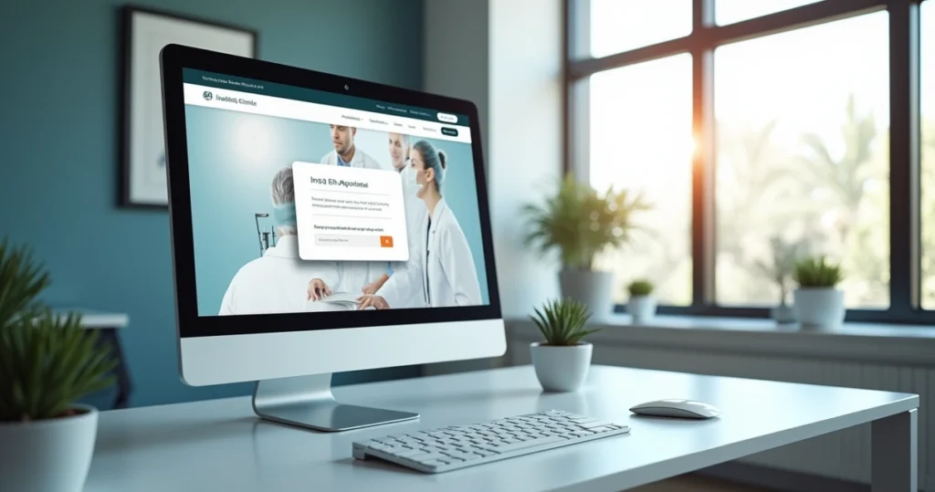 Tela de site institucional de clínica médica mostrando agendamento online, depoimentos e mapa de localização integrados