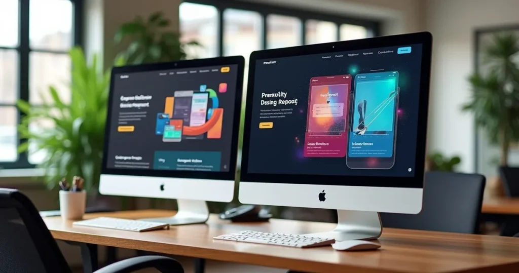 Computadores lado a lado mostrando design de site personalizado versus template pronto com elementos gráficos modernos e interface limpa