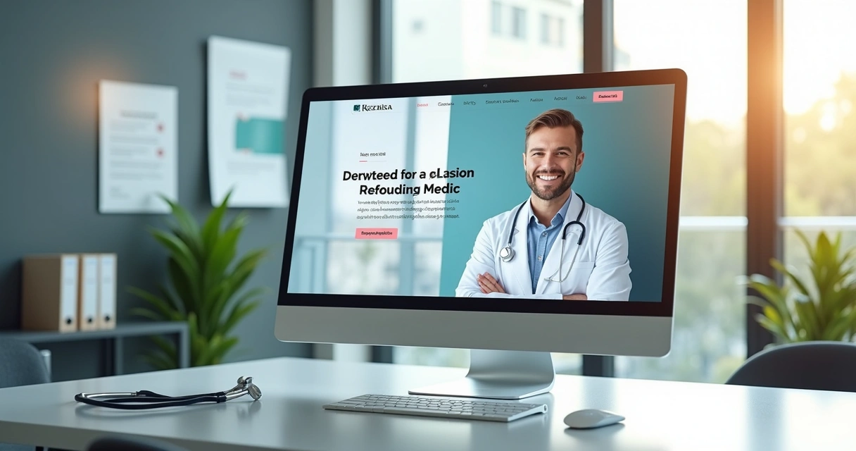 Monitor exibe site próprio de médico, a vitrine que complementa o perfil gratuito na Doctoralia