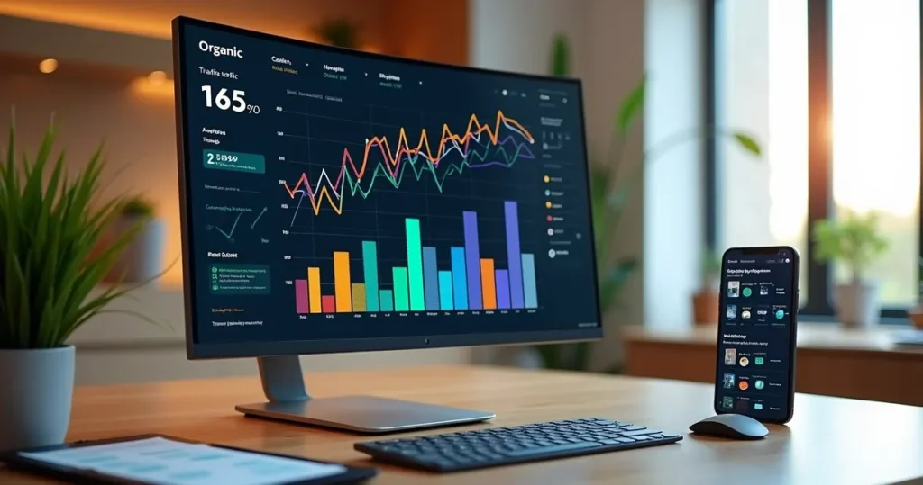 Tela de computador mostrando análise de tráfego orgânico com gráficos e métricas detalhadas