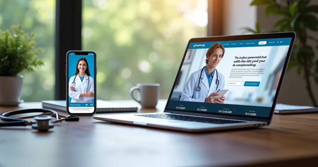 Comparação visual entre perfil Doctoralia em smartphone e site médico em laptop, ambiente moderno e iluminado