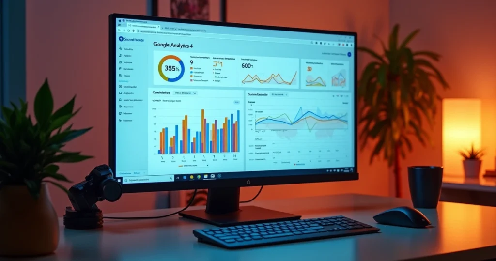 Tela detalhada do painel do Google Analytics 4 com gráficos de tráfego, conversões e comportamento de usuários no site WordPress