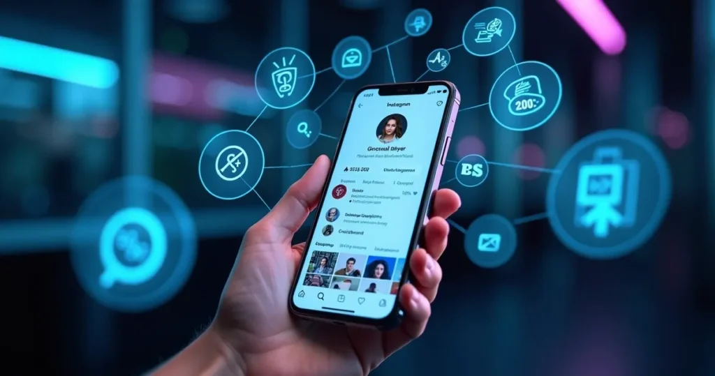 Imagem de smartphone exibindo o perfil de Instagram de uma pessoa, com ícones digitais flutuando ao redor, representando interação, dados e estratégias digitais. A imagem ilustra a otimização de perfis para SEO no Instagram.