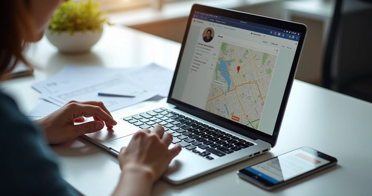 Google Meu Negócio suspenso: empresária revisando o perfil da empresa e o mapa no notebook Google Meu Negócio suspenso: empresária revisando o perfil da empresa e o mapa no notebook