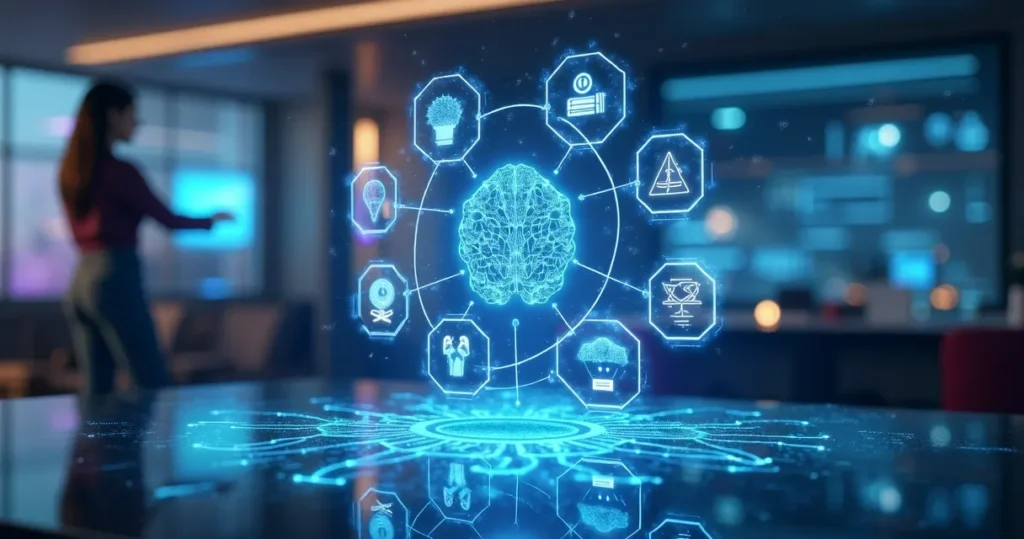 Benefícios da inteligência artificial conectados a diferentes áreas do conhecimento, ilustrada por um cérebro digital e ícones em um ambiente futurista de tecnologia