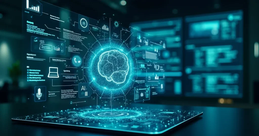 Interface digital futurista ilustrando como ser citado pelas inteligências artificiais mostrando conexões entre motores de busca e inteligência artificial com gráficos e códigos complexos