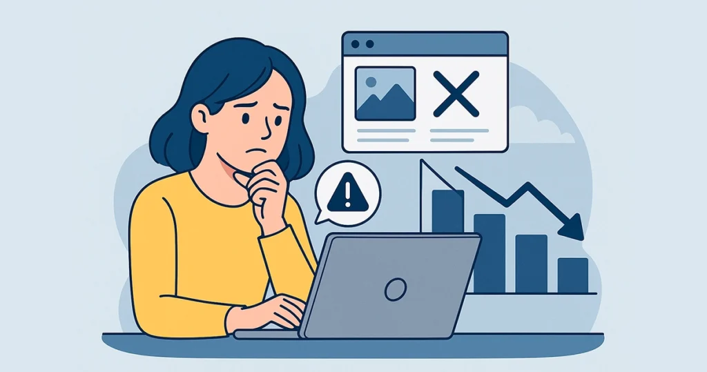 Ilustração de uma mulher preocupada em frente ao notebook, representando dificuldades em sites lentos e desorganizados, mostrando a importância de corrigir erros para entender como atrair clientes online.Ilustração de uma mulher preocupada em frente ao notebook, representando dificuldades em sites lentos e desorganizados, mostrando a importância de corrigir erros para entender como atrair clientes online.