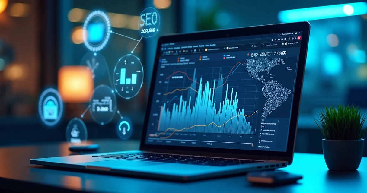 Otimização de sites com ajuda de IA: notebook com relatório de SEO e ícones de automação ao redor