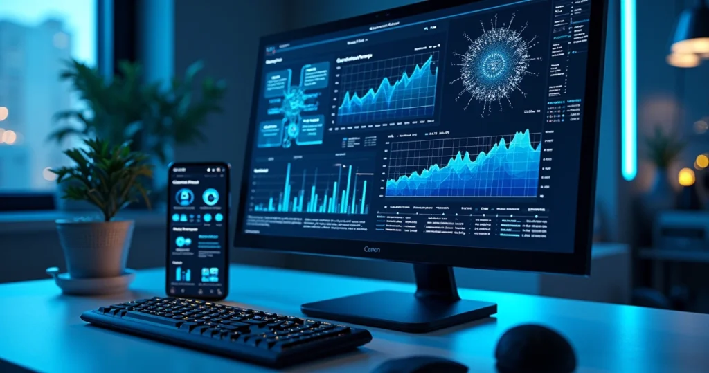 Tela de computador exibindo gráficos de SEO com otimização de site e inteligência artificial integrada