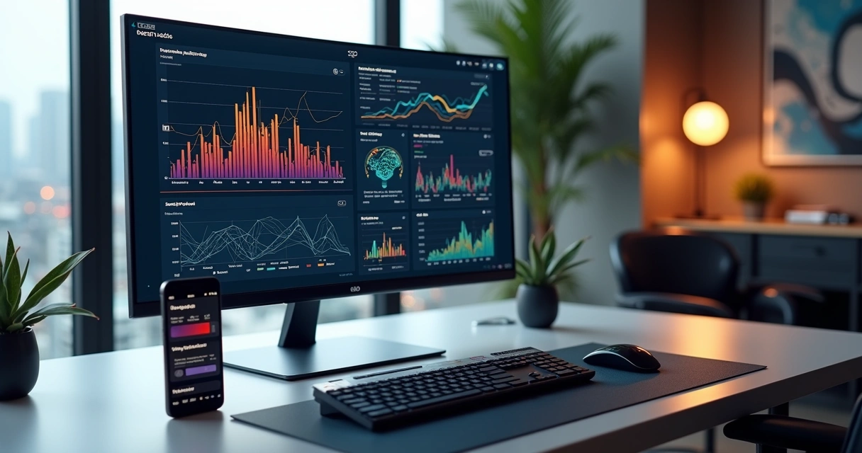 SEO com IA: monitor exibindo gráficos de tráfego e palavras-chave gerados por ferramentas de inteligência artificial