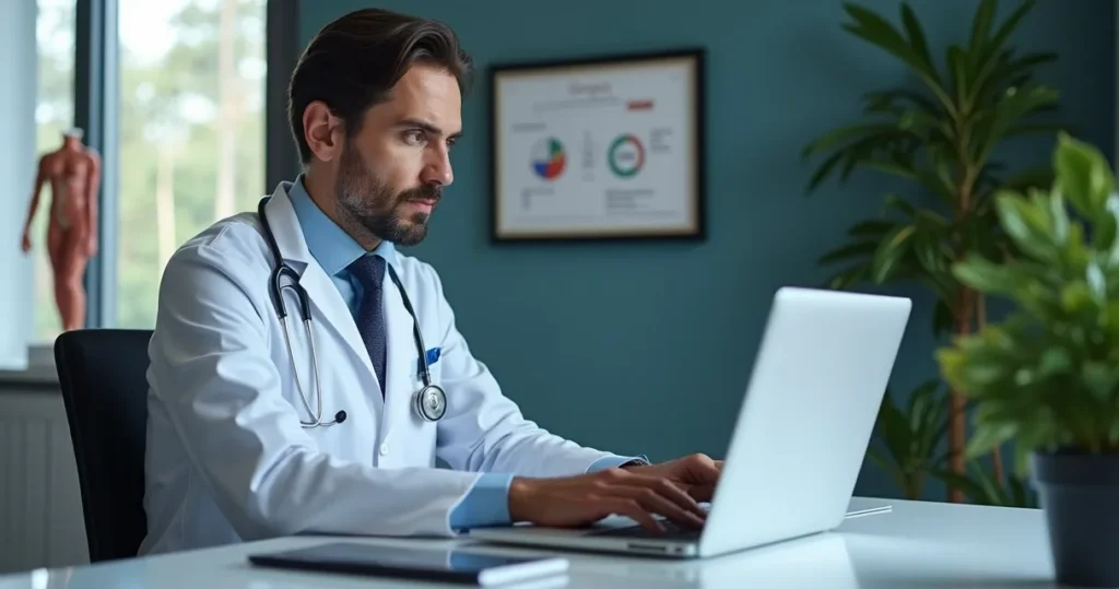 Médico utilizando computador para trabalhar no SEO para médicos, otimização de site e presença online, buscando atrair mais pacientes através de estratégias digitais.