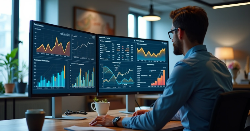 Profissional analisando gráficos de vendas em múltiplas telas de computador em ambiente moderno e sofisticado para identificar como aumentar as vendas com SEO